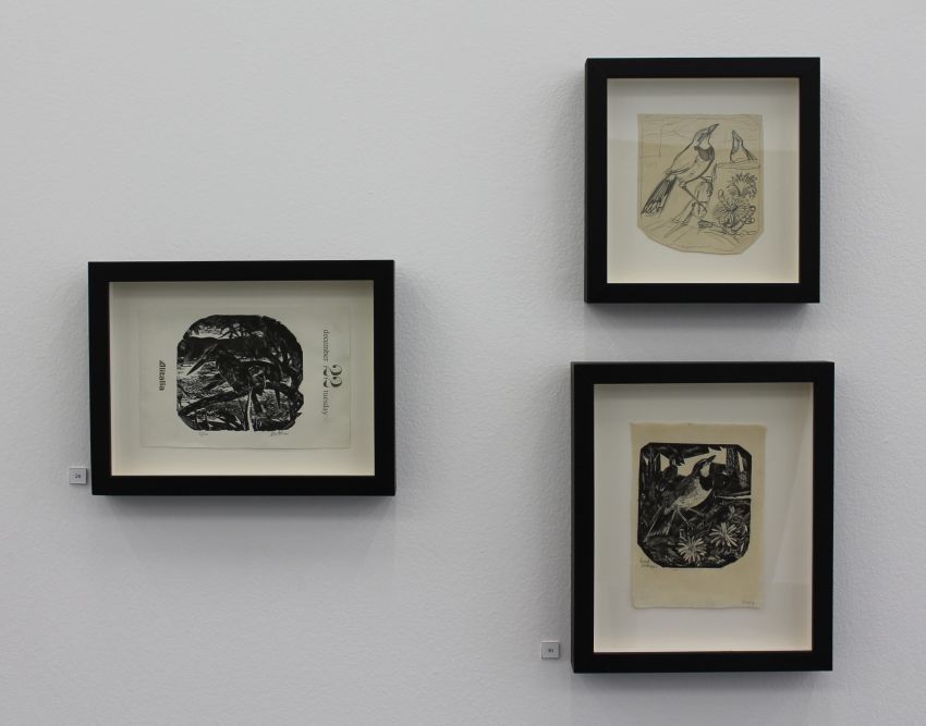 Click the image for a view of: Installation view of Walter Battiss drawing and wood engravings